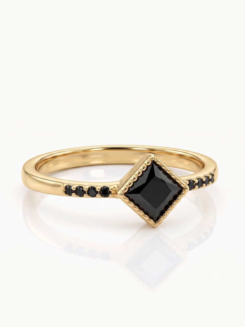 Dainty Gold Ring with Black Gemstone, 925 Sterling Silver, 10k Gold Finish